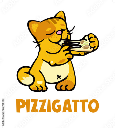 Funny red cat playing pizzicato with pizza slice photo