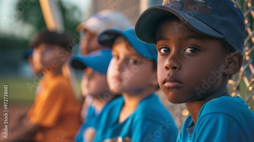 A young boy in a blue cap observes a baseball game while sitting with teammates on a bench during a warm evening at the local park, showcasing teamwork and youthful enthusiasm photo