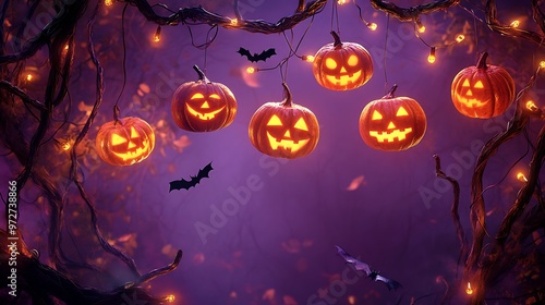 A Spooktacular Halloween Scene with Glowing Pumpkins and Flying Bats