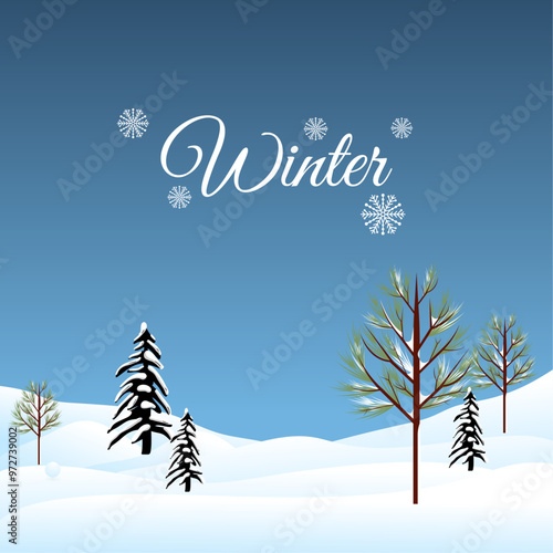 Blue background hello winter with trees covered in snow