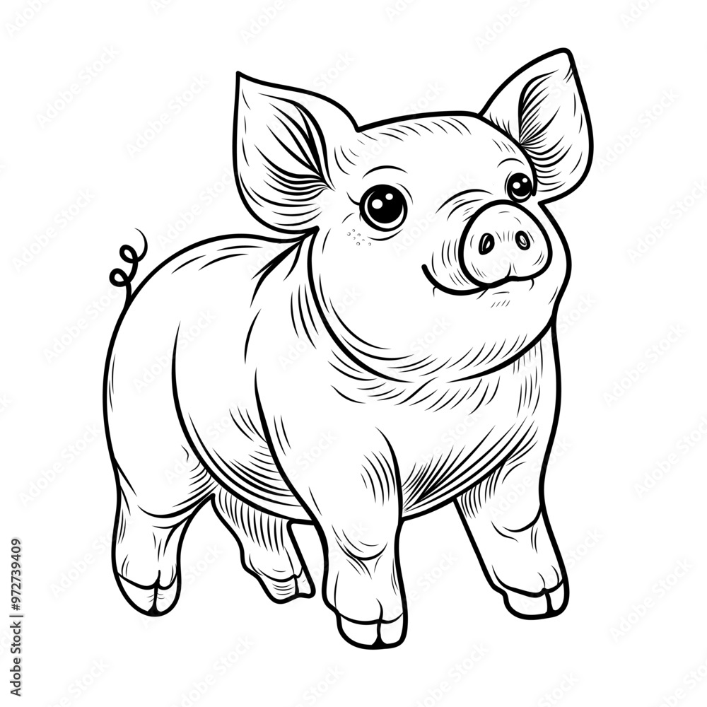 Sketch of a pig. Standing. In line art style. Vintage illustration. Element for label, packaging and postcard design. Sketch of a pig. Standing. In line art style. Vintage illustration. Element for label, packaging and postcard design.