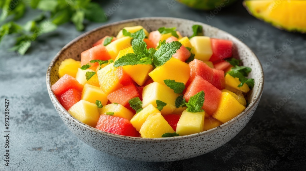 A refreshing bowl of mixed fruit salad with pineapple, mango, and melon cubes, A refreshing bowl of mixed fruit salad with pineapple, mango, and melon cubes,