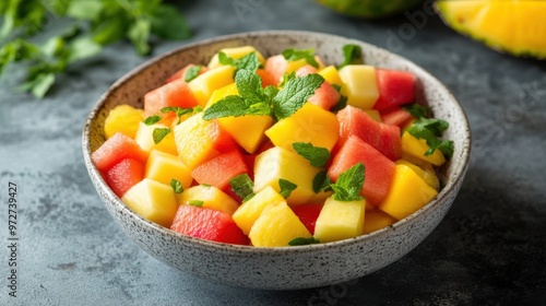 A refreshing bowl of mixed fruit salad with pineapple, mango, and melon cubes,