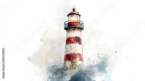 A vibrant lighthouse stands on the shore, illuminated by warm light against a colorful watercolor background at dawn photo