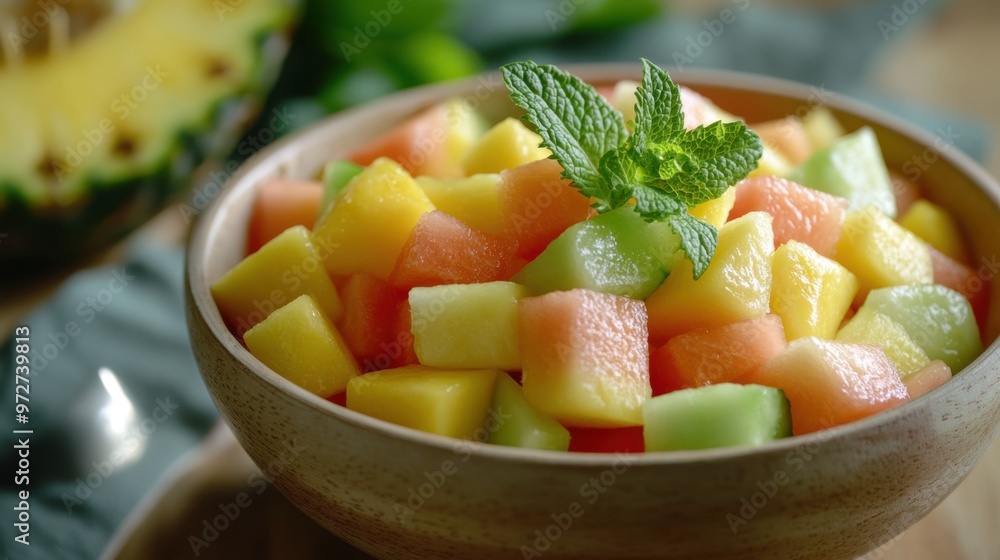 A refreshing bowl of mixed fruit salad with pineapple, mango, and melon cubes, A refreshing bowl of mixed fruit salad with pineapple, mango, and melon cubes,