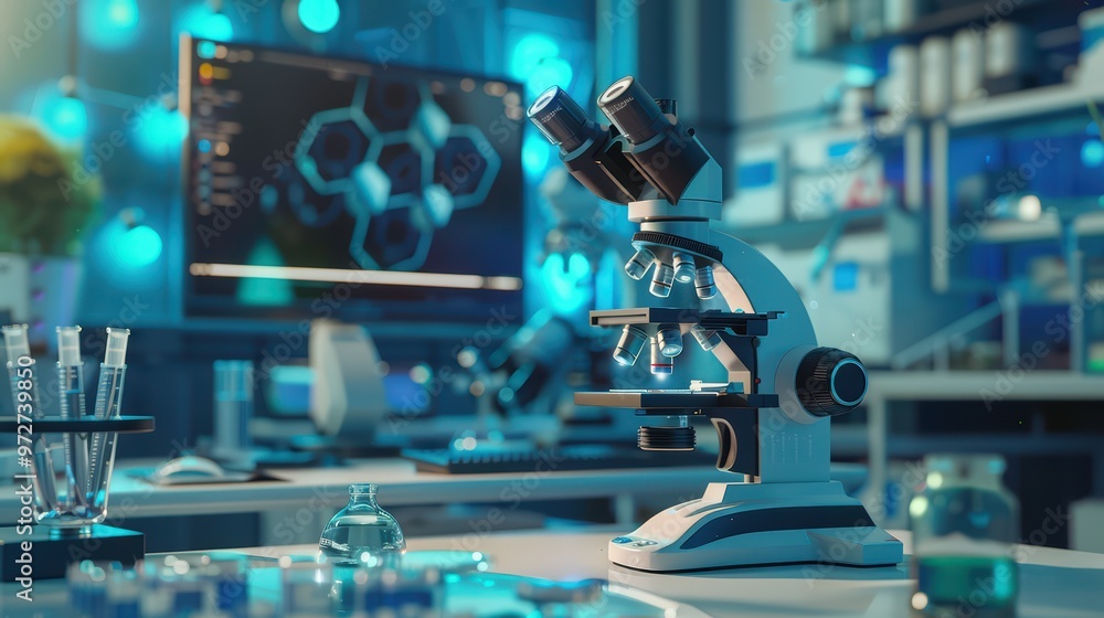A modern laboratory setup featuring a microscope, test tubes, and a computer displaying molecular structures. A modern laboratory setup featuring a microscope, test tubes, and a computer displaying molecular structures.