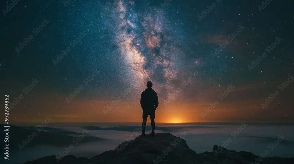 Fototapeta premium astronomy time long exposure landscape photography. A man standing in a high place looking up in wonder to the Milky Way galaxy