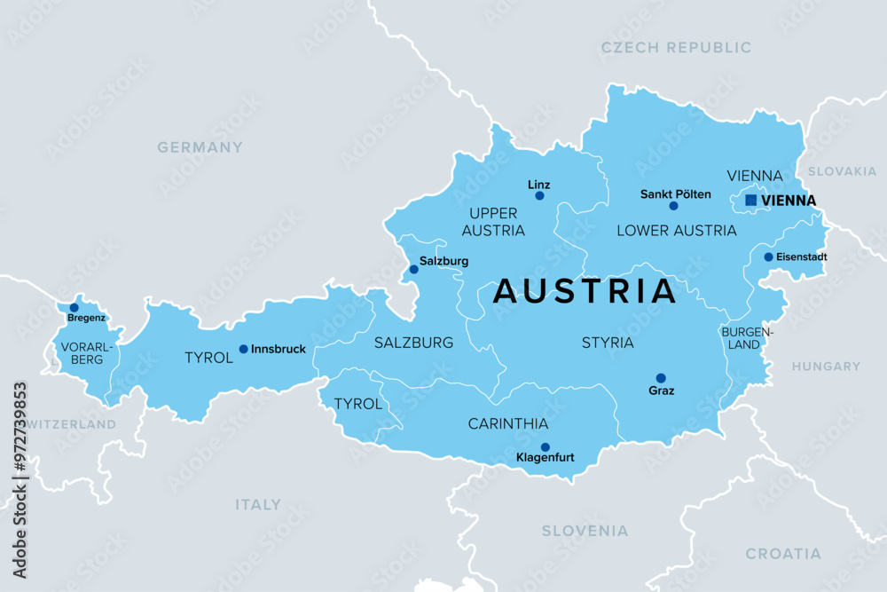 Fototapeta premium Austria with federal states, blue political map. The Republic of Austria, a landlocked country in Central Europe, with capital Vienna, consisting of nine federal states or provinces. Illustration.