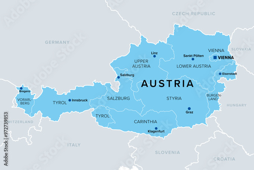 Austria with federal states, blue political map. The Republic of Austria, a landlocked country in Central Europe, with capital Vienna, consisting of nine federal states or provinces. Illustration.