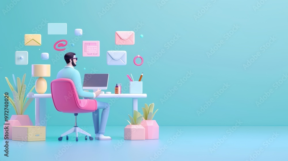A modern workspace featuring a man engaged in digital communication with colorful icons and plants, creating a vibrant office atmosphere. A modern workspace featuring a man engaged in digital communication with colorful icons and plants, creating a vibrant office atmosphere.