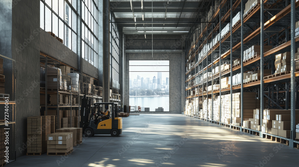Large warehouse featuring high ceilings, tall pallet racks, and a forklift transporting goods, with natural light streaming through large windows.
Large warehouse featuring high ceilings, tall pallet racks, and a forklift transporting goods, with natural light streaming through large windows.
