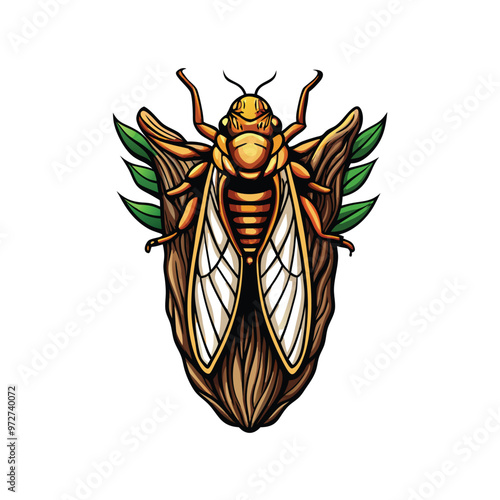 A vector image of a cicada nymph emerging from its exoskeleton, with green leaves on the sides.