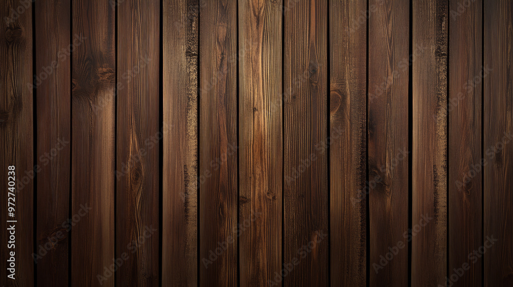 Naklejka premium Close-up of a rustic wooden plank wall with dark, weathered textures and rich natural grain, ideal for backgrounds or design projects. 