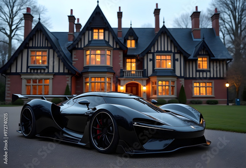 Black Sports Car Parked in Front of Large Brick Mansion with Timber Framing and Illuminated Windows at Dusk
