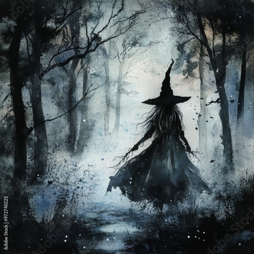 4. "Witch in a serene forest, light tones and soft shadows, magical Halloween evening, watercolor style"