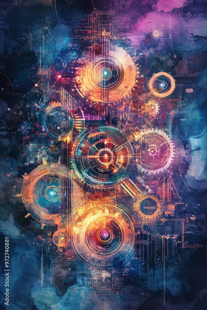 Surreal watercolor design featuring intricate gears and vibrant colors, creating mesmerizing visual experience that blends technology and art seamlessly Surreal watercolor design featuring intricate gears and vibrant colors, creating mesmerizing visual experience that blends technology and art seamlessly
