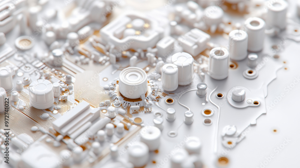 Close-up of a white circuit board, displaying various electronic components arranged intricately, highlighting the complexity and precision of modern technology. Close-up of a white circuit board, displaying various electronic components arranged intricately, highlighting the complexity and precision of modern technology.