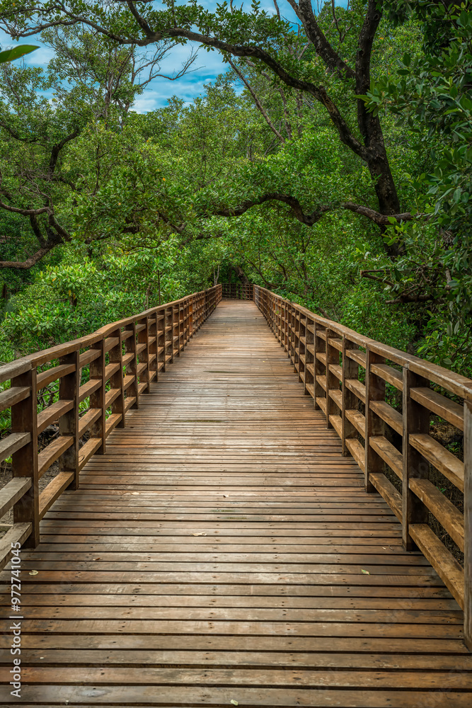 Obraz premium Phra chedi klang nam mangrove forest, Rayong Province, Thailand. Mangrove forest background in the wetland area where fresh water and sea water meet. Nature and environment conservation concept.