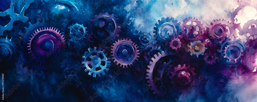 Surreal watercolor painting of gears merging in vibrant shades of blue and purple, creating dreamlike atmosphere. intricate details evoke sense of wonder and creativity Surreal watercolor painting of gears merging in vibrant shades of blue and purple, creating dreamlike atmosphere. intricate details evoke sense of wonder and creativity