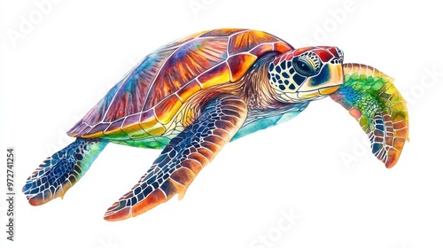 Colorful watercolor painting of a turtle swimming gracefully through the ocean in a vibrant and artistic style