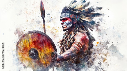 Native warrior adorned with traditional attire and feathers standing confidently with a spear and shield amid a colorful background photo