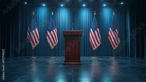 Podium and american flag in row, US presidential election