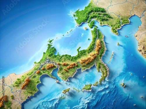 Vibrant digital map highlighting Honshu, Japan's largest island, with surrounding waters and neighboring islands, photo