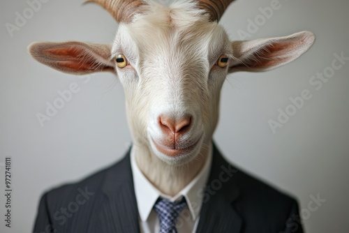 A goat portrait and a businessman suit in isolated background made from generative AI