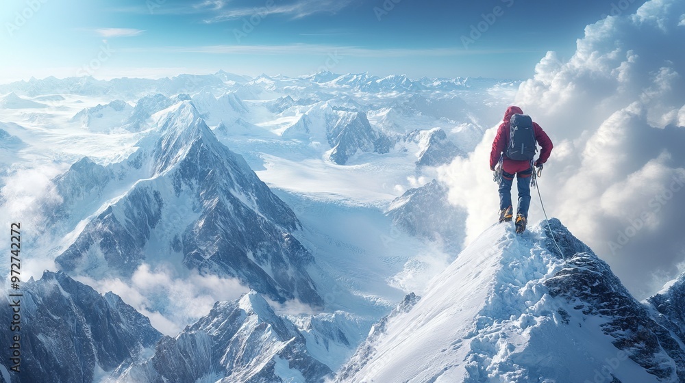 Ice climber reaching the top of a frozen glacier, with snowy peaks and vast ice fields stretching out below. 4K hyperrealistic photo. Ice climber reaching the top of a frozen glacier, with snowy peaks and vast ice fields stretching out below. 4K hyperrealistic photo.