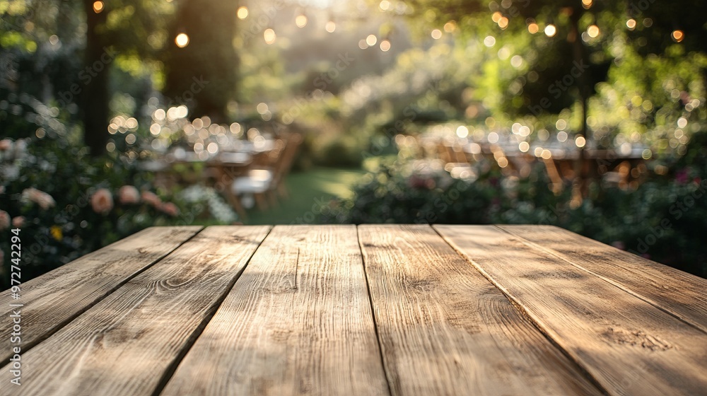 Empty wooden table with party in garden background blurred. and beautiful natural scenery view Empty wooden table with party in garden background blurred. and beautiful natural scenery view