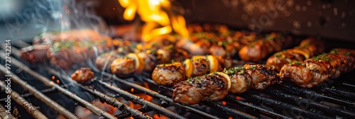 An assortment of seasoned meat sausages grilling on an open flame, showcasing different textures and flavors, enhanced with herbs and spices for a mouth-watering outdoor feast. photo