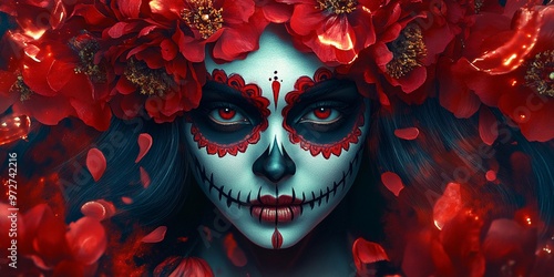 A woman dressed as La Catrina with sugar skull face paint and red flowers in her hair, celebrating Día de los Muertos.
