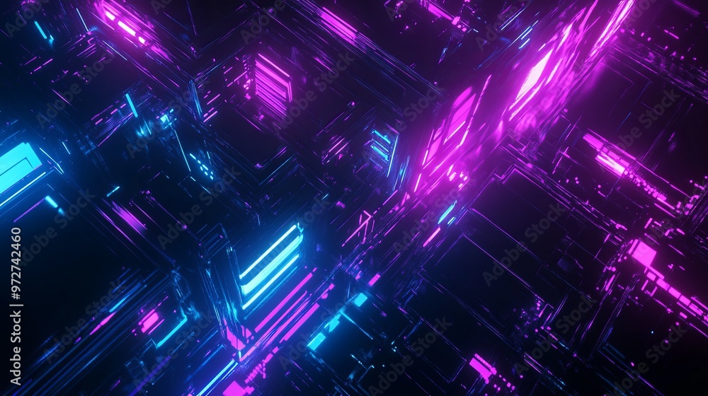 Cyberpunk reverie: Sci-fi inspired abstract with blue and purple neon light shapes on a black background Cyberpunk reverie: Sci-fi inspired abstract with blue and purple neon light shapes on a black background
