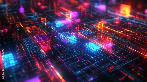 A complex yet visually appealing image featuring a grid of colorful rectangles and lines representing a sophisticated digital network. Neon hues create depth and movement.