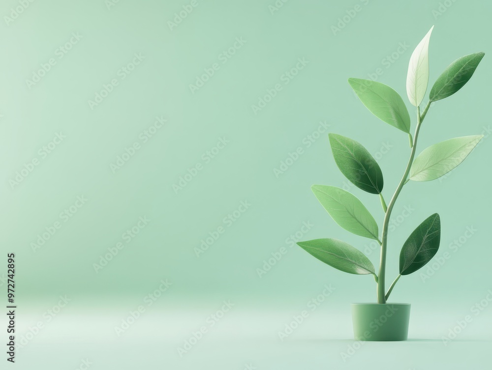 Minimalist Green Plant in Pot Against Solid Green Background - Modern Home Decor Concept Minimalist Green Plant in Pot Against Solid Green Background - Modern Home Decor Concept