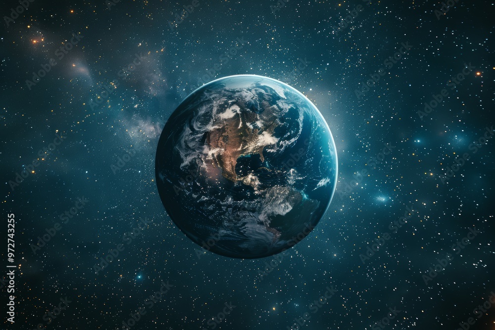 Obraz premium Planet Earth, the Blue Marble, Suspended in Space View With Detailed Continents and Shining Stars