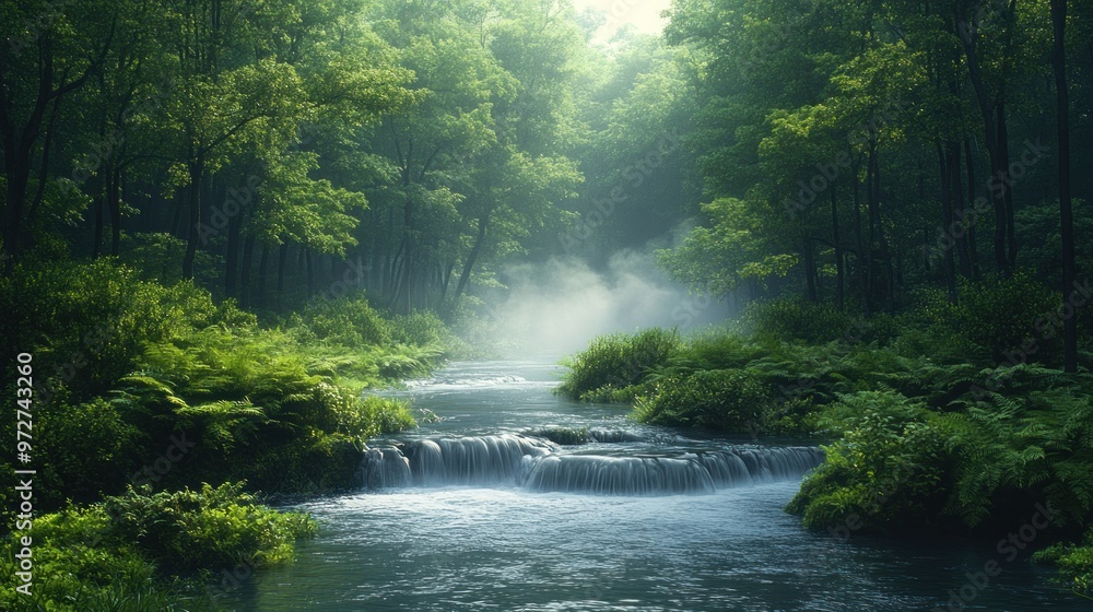 Serene forest landscape with a flowing stream and lush greenery. Serene forest landscape with a flowing stream and lush greenery.