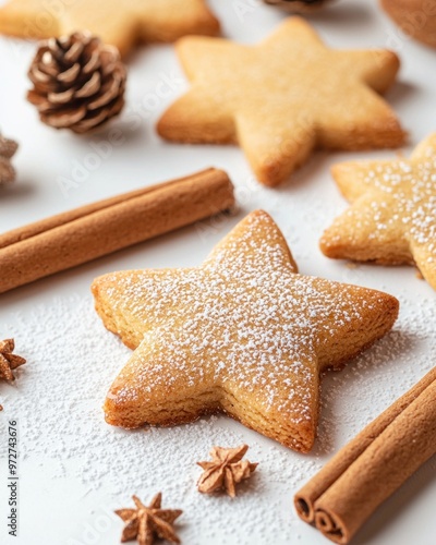 Festive Star-Shaped Sugar Cookies with Powdered Sugar and Cinnamon Sticks. photo