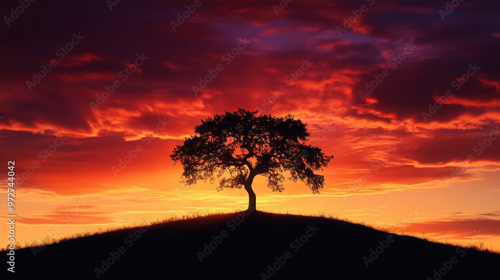 A silhouette of a lone tree on a hill at sunset, with the sky filled with deep oranges, reds, and purples as the sun sets. A silhouette of a lone tree on a hill at sunset, with the sky filled with deep oranges, reds, and purples as the sun sets.