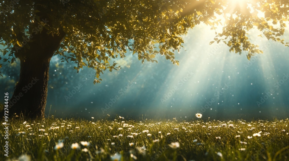 Obraz premium Sunlight streaming through a tree canopy in a tranquil meadow filled with wildflowers during a peaceful morning