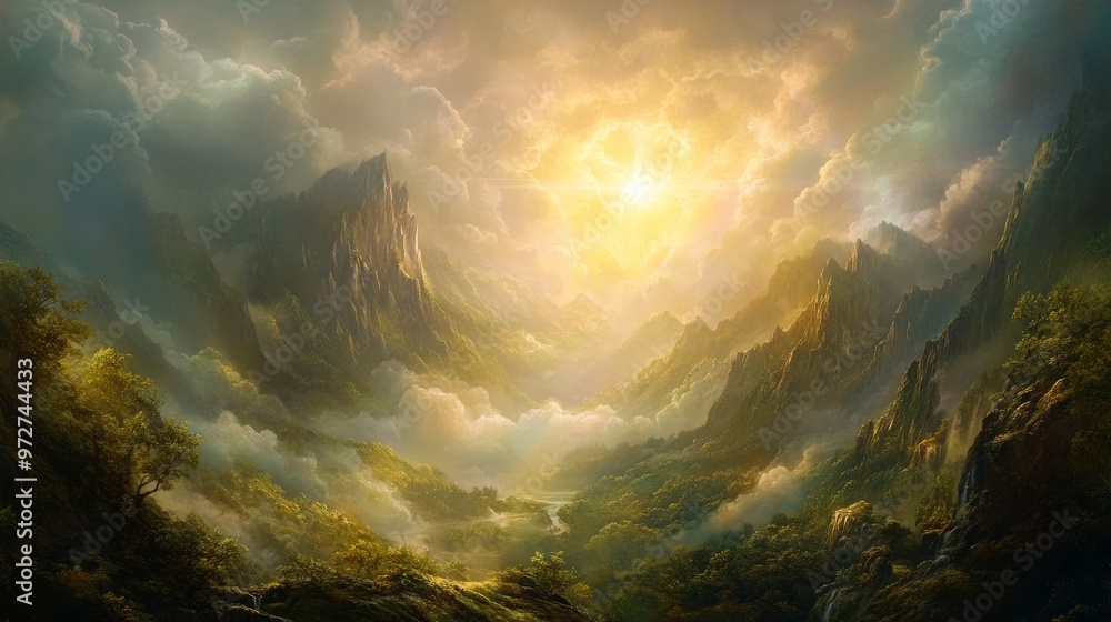 Majestic mountains bathed in golden sunlight during a tranquil morning in a serene valley Majestic mountains bathed in golden sunlight during a tranquil morning in a serene valley