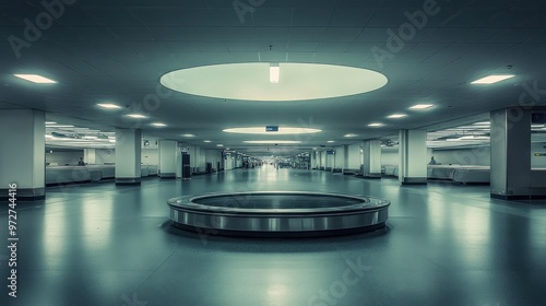 A spacious, dimly lit airport baggage claim area with circular lighting fixtures and an empty carousel photo