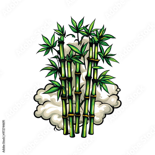 A stylized illustration of bamboo stalks with leaves against a white background and a stylized smoke effect.