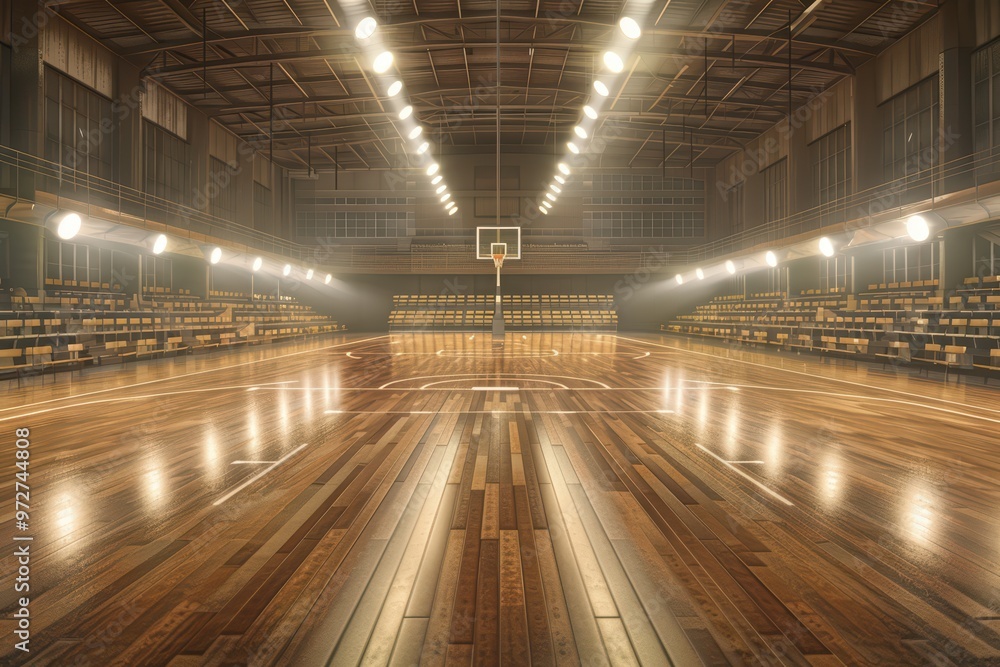 A vibrant basketball court bathed in warm light, showcasing a polished wooden floor and empty seating, perfect for sports visuals. A vibrant basketball court bathed in warm light, showcasing a polished wooden floor and empty seating, perfect for sports visuals.