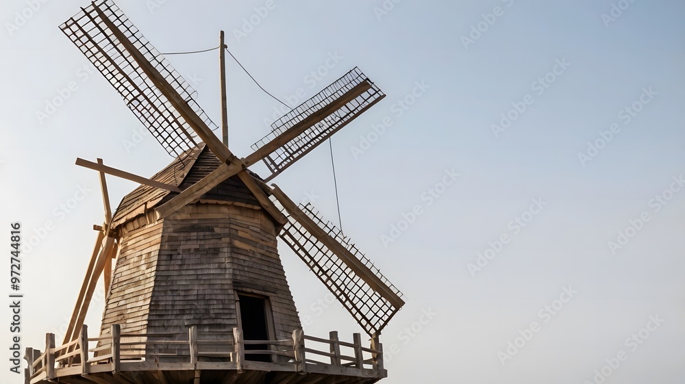 Traditional Dutch windmill in a rural countryside landscape with wooden sails and a historic architecture Traditional Dutch windmill in a rural countryside landscape with wooden sails and a historic architecture