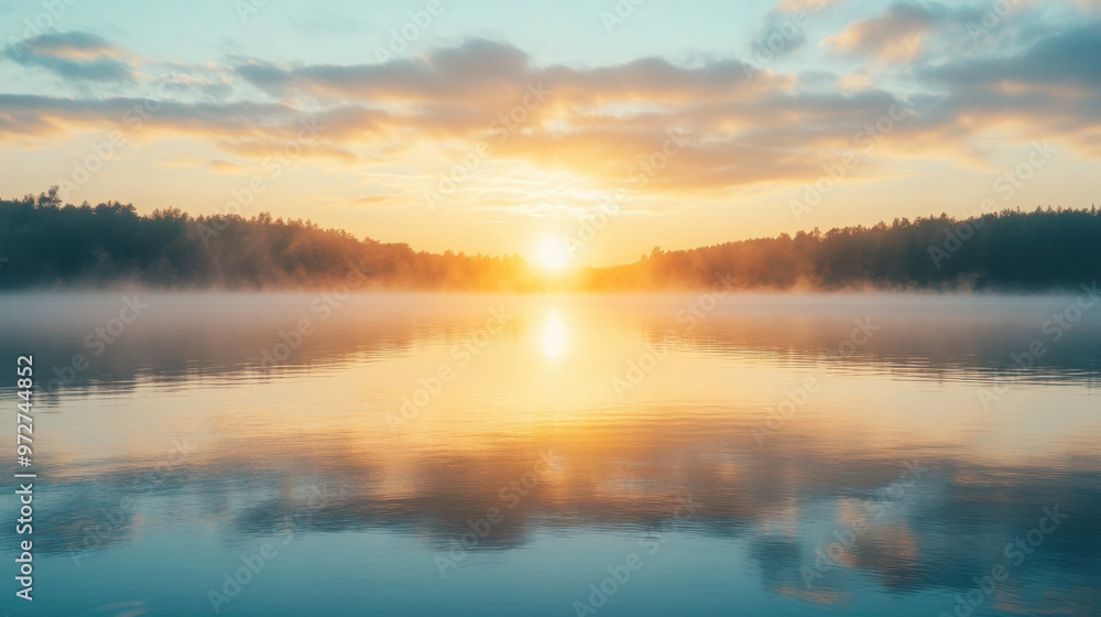 custom made wallpaper toronto digitalA peaceful sunrise over a calm lake, with the first light of day reflecting in the water and mist rising from the surface.