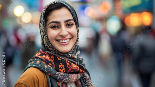 A woman wearing a scarf is smiling and looking at the camera