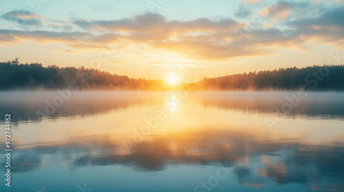 Wallpaper Mural A peaceful sunrise over a calm lake, with the first light of day reflecting in the water and mist rising from the surface. Torontodigital.ca