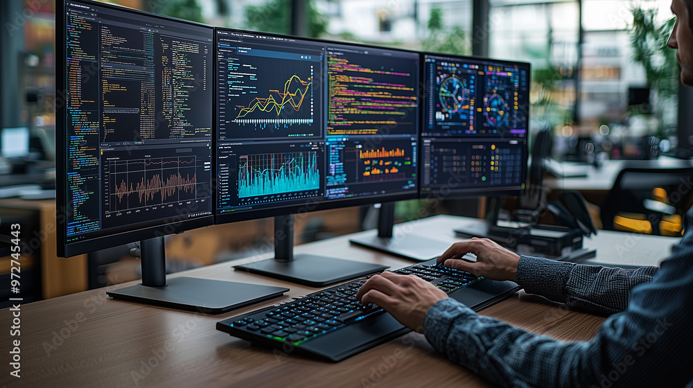 An expert analyzing data on a futuristic, interactive touchscreen interface An expert analyzing data on a futuristic, interactive touchscreen interface