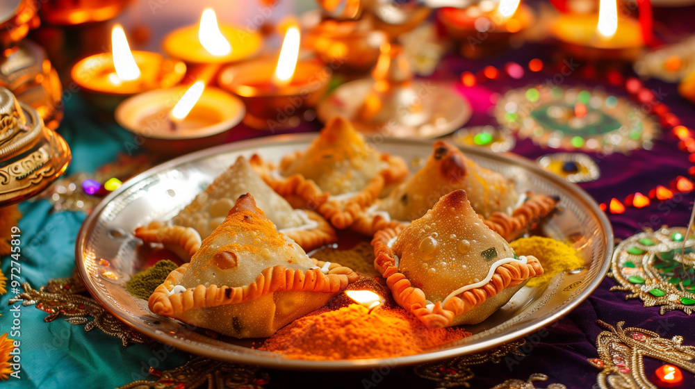 Fototapeta premium A plate of samosas, decorated for Diwali celebration.
